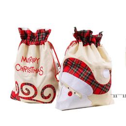 Linen Santa Sack Christmas Gift Bag Red Plaid Drawstring Tote Bags Festival Decoration JNB15972