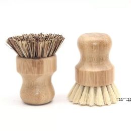 Round Wood Brush Handle Pot Dish Household Sisal Palm Bamboo Kitchen Chores Rub Cleaning Brushes JNB15935