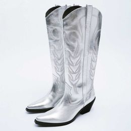 Boots Cowboy Cowgirl Western Metallic Silver Stacked Heels Mid Calf Long Shoes Casual Embroidered Autumn Winter 220901