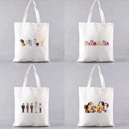 Storage Bags Ladies Handbags Cloth Canvas Tote Bag Cartoon Animal Pattern Print Reusable Shoulder Shopper White