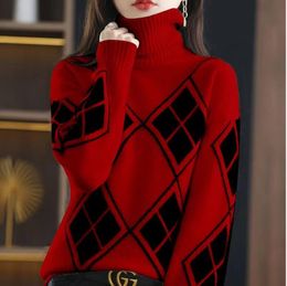 Women Sweater puff Dress Pullover Jumper Loose Warm Clothes Elegant Mock Neck Female Vintage Striped Top