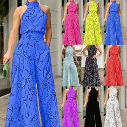 Women's Jumpsuits & Rompers 2023 Summer European and American Women's Elegant Waist Tie Sleeveless Hanging Neck Pants Printed Jumpsuit