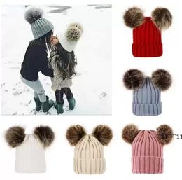 Children Baby Knitted Hats Winter Solid Crochet Hat Warm Soft Pom Pom Beanies Double Hairball Outdoor Slouchy Caps JNB15933