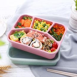 Dinnerware Sets Cokytoop 4 Grid Lunch Boxes Eco-Friendly Natural Wheat Straw Partition Bento Box Student Kids Storage Tableware