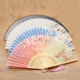 Chinese Style Bamboo Folding Fan Sundries Plant Printing Fold Fan With Fringe Ancient Costume Court Hanfu Fans Festival Gift TH0530