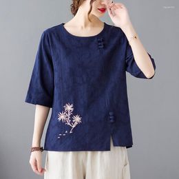 Ethnic Clothing Cotton Linen Embroidery T Shirt 2022 Summer Retro Jacquard Tee Loose Plus Size Solid Color Casual Chinese Knot Button Top