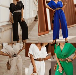 Women's Jumpsuits & Rompers European and American autumn new style short sleeve V-neck bat sleeve elastic waist jumpsuit trousers including belt