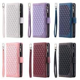 Zipper Wallet Phone Cases for iPhone 15 14 13 12 11 Pro Max XR XS X 7 8 Plus Rhombic Pattern PU Leather Flip Kickstand Cover Case with Multi Card Slots