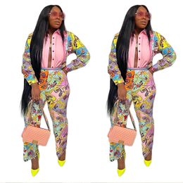 Print Two Piece Pants Outfits Women Fashion Shirt and Trousers Set Easy Suit Free Ship