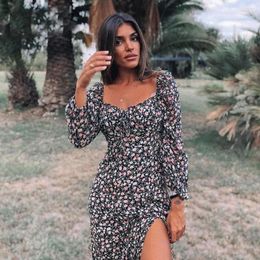 Casual Dresses Spring Vintage Square Collar Long Sleeve Floral Dress Women Autumn Winter Slit Maxi Thin Boho Vestidos