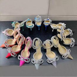 Women's Crystal Bow Sandals Designer Leather Sole Diamond Chain Decoration High Heels Women's Rose Red Silk Wedding Sexy Shoes Large 35-42