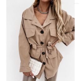 Women's Trench Coats Fashion Autumn Turn Down Collar Women Elegant Single Breasted Tie Belt Casual Pockets Long Ladies Women's