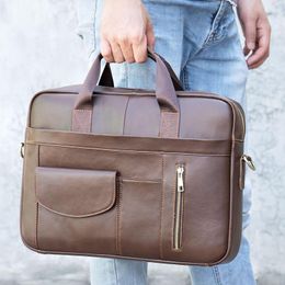 Briefcases Retro Men's Genuine Leather Laptop Bags Men 14Inch Briefcase Messenger Bag Business For Document Handbag