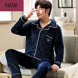 Men's Sleepwear Men's Pajamas Set Turn-down Collar Casual Embroidery Warm Flannel Pajama Big Size Fashion Winter Men Homewear