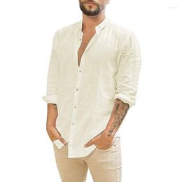 Men's T Shirts 2022 Fashion Linen Cardigan Solid Color Casual Stand Collar Long Sleeve Shirt Male Clothes Tshirt Man Summer Style