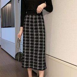 Skirts Fall Winter Women Midi Skirt Slim Plaid Straight Chic Casual Elastic High Waist Knitted Lady Sexy Split Woman