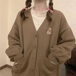Women's Knits Tees Deeptown Japan Style Kawaii Bear Sweater Cute Cardigan for Women Embroidery Vintage Knitwear Korean Winter Long Sleeve Top 221006