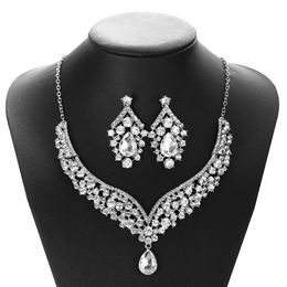 Crystal Water Drop Bridal Jewellery Sets Rhinestone Necklace Earrings for Bride Silver Plated Wedding Accessories Prom Party Dubai Women fashion Gift