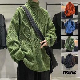 Green Sweaters Men Winter Pullover Turtleneck Sweaters Streetwear Fisherman Sweater Cable Knit Jumper Oversized Trends