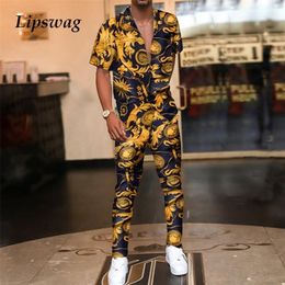 Men's Tracksuits Vintage Printed Mens Summer Two Piece Sets Fashion Casual Short Sleeve Shirts And Long Pants Outfits Men Hipster Streetwear 221006