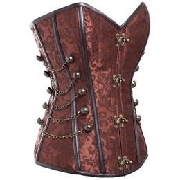 Steampunk Corset with Clasp Fasteners/ Chain Steel Bone Corsets Waist Training Gothic Bustier with Round Buckle Body Shaper Plus Size