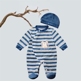 Footies Winter Pure Cotton Hat born Infant Baby Boy Girl Bodysuit Button Jumpsuit Casual Backless Solid Outfits Clothes 2201006