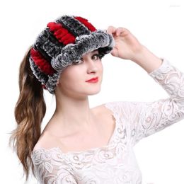 Bandanas Winter Fashion Knit Real Fur Hats Women Warm Skullies Beanie Ski Snow