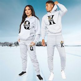 Men's Tracksuits Fashion Lover Couple Sportwear Set KING QUEEN Printed Hooded Clothes 2PCS Set Hoodie and Pants Plus Size Hoodies Women 221006