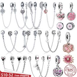 925 Sterling Silver Dangle Charm Women Beads High Quality Jewelry Gift Wholesale 9 models Zircon Safety chain Bead Fit Pandora Charms Bracelet DIY