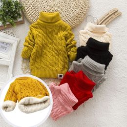 Pullover PHILOLOGY Plush inside pure color winter boy girl kid thick Knitted turtleneck shirts solid high collar pullover fluff sweater 221006