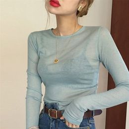 Women s T Shirt sexy slim high quality plain t shirt women tops spring summer club party see through Transparent long sleeve tee female 220930