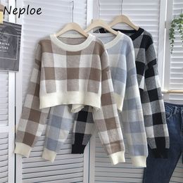 Women's Sweaters Neploe Vintage Plaid Contrast Color Crewneck Sweater Women Long Sleeve Knitting Crop Top Woman Korean Style Knit Pullover Female 221006