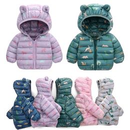 Down Coat Baby Girls Hooded Down Jackets for Kids Cartoon Dinosuar Coats Autumn Boys Cartoon Warm Top Toddler Zipper Outerwear JYF 2201006