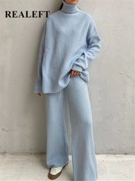 Women's Two Piece Pants Men's Tracksuits REALEFT Autumn Winter 2 Piece Sets Knitted Tracksuit Turtleneck Sweater and Wide Leg Jogging Pants Pullover Suit