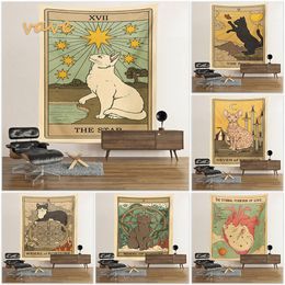 Tapestries Cat Tarot Card Tapestry Wall Hanging Boho Hippie Sun Moon Star Cloth Fabric Large Aesthetic Interior Dorm Bedroom Decor 221006