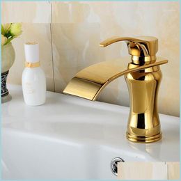 Bathroom Sink Faucets Bathroom Sink Faucets Vintage Copper Jade Basin Faucet Waterfall European Retro Mixer Water Tap Gold Plated Wh Dhs8F