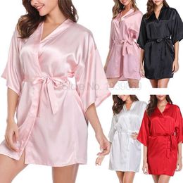 Mulheres sleepwear seda cetim mulheres robe cor sólida quimono roupões casa roupão curto camisola verão v-pescoço sleepwear lingerie t221006