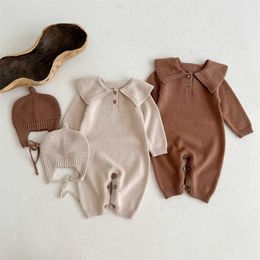 Rompers Kid New Solid Sweater TurnDown Collar Romper Baby Girl Knitting Cotton Jumpsuit One Piece With Simple Soft Lace Up Cap J220922