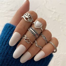 Vintage Fashion Cat Dog Animal Paw Ring For Women New Trendy Woman 7 Pcs Hollow Heart Rings Set Jewellery Party Gift