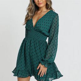 Casual Dresses Classic Spring/summer Polka Dot Long Sleeve Dress Sexy Sweet V-neck Party Waist Mini Pleated Skirt Chiffon Ruffled Low-cut