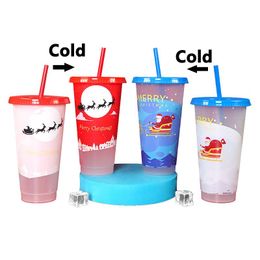 Creative Christmas Drinkware Cold Color-changing Plastic Cups Christmas Decoration Juice Cup With Lid and Straw RRE14713