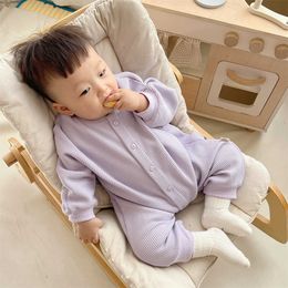 Rompers Kids Boy Solid Waffle Single Breasted Romper 2022 Autumn New Baby Girls Loose Casual Simple Long Sleeves Jumpsuit One Piece J220922