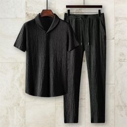 Men's Tracksuits 2Pcs/Set Summer Men's Suit Elastic Waistband Pleated Casual Outfit Men Business Short Sleeve Shirts Long Pants Set Male Clothing 221006