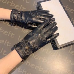 Black Leather Gloves Plush Warm Mittens Women Luxury Sheepskin Gloves Autumn Winter Touch Screen Glove