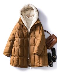 Women's Down Parkas Women Winter White Duck Down Jacket Loose Casual Plaid Down Coat Female Hooded Mink Fur Collar Medium Long Parkas Outwear 220930