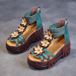 Sandals Fashion Women Summer Genuine Leather Luxury Wedges Shoes Designer Platform Ladies Vintage High Heels Green Brown
