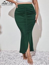 Plus size Dresses Add Elegant Plus Size Women's Skirts Autumn Hip Wrap Folds Strecth Middle Hem Slit Waist Slim Fit Female Pencil Skirt F042 221006