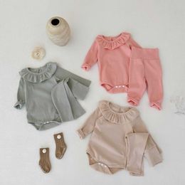 Rompers 2022 Autumn Boy Infant Lotus Leaf Collar Long Sleeve Romper Set Girl Toddler Solid Cotton Jumpsuit High Waist Pants 2 Piece Suit J220922