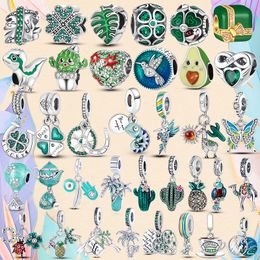 925 Silver Fit Pandora Charm 925 Bracelet Lucky Clover Green Charms Cactus Chameleon Love charms set Pendant DIY Fine Beads Jewelry