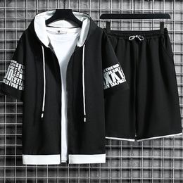 Men's Tracksuits Fashion Men's Sets Hooded Summer Casual Sportswear Men Short Sleeve Zipper Topsshorts 2 Piece Hip Hop Streetwear Male Tracksuit 221006